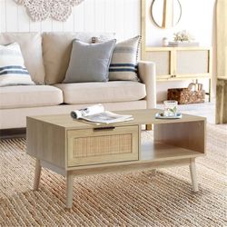 Wood and Rattan Coffee Table with Storage, White Oak Finish Wood Living Room Tables,Mid Century Modern Coffee Table, Rectangle Wooden Accent Center Ta