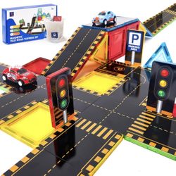 Magnetic Tiles for Kids Ages 3-5 - 62 PCS Kids Toys Magnetic Tiles Road Toppers with Cars