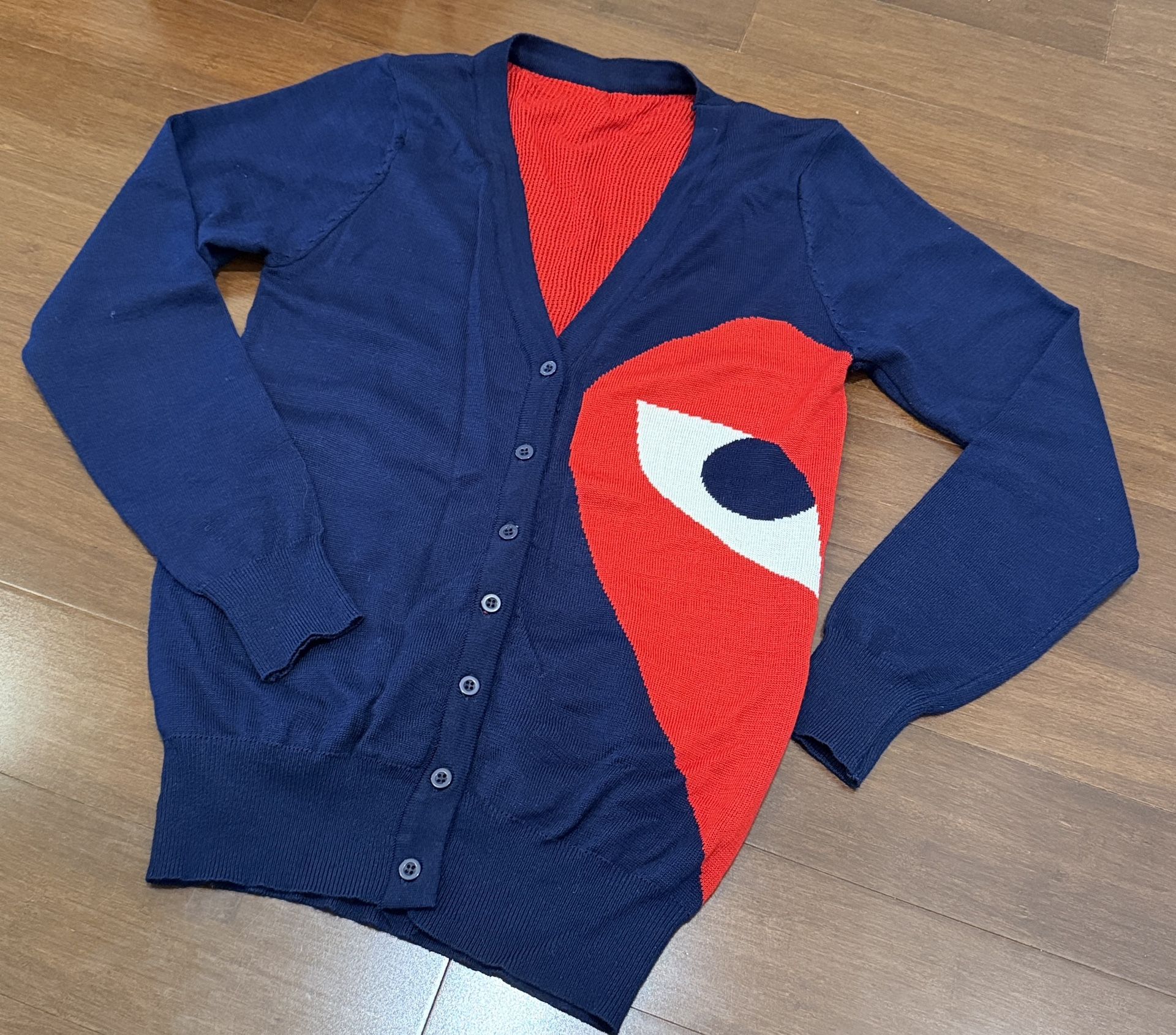 Comme Des Garcons Navy and Red Cardigan Heart Eye Design cardigan