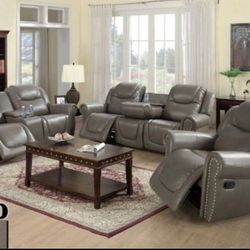 Gray Leather Recliner Living Room Set Include Sofa, Loveseat And Chair 