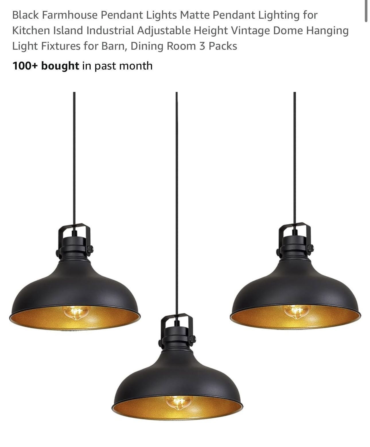 ALAISLYC 3 Pack Black Farmhouse Pendant Lights Matte Pendant Lighting for Kitchen Island Industrial Adjustable Height