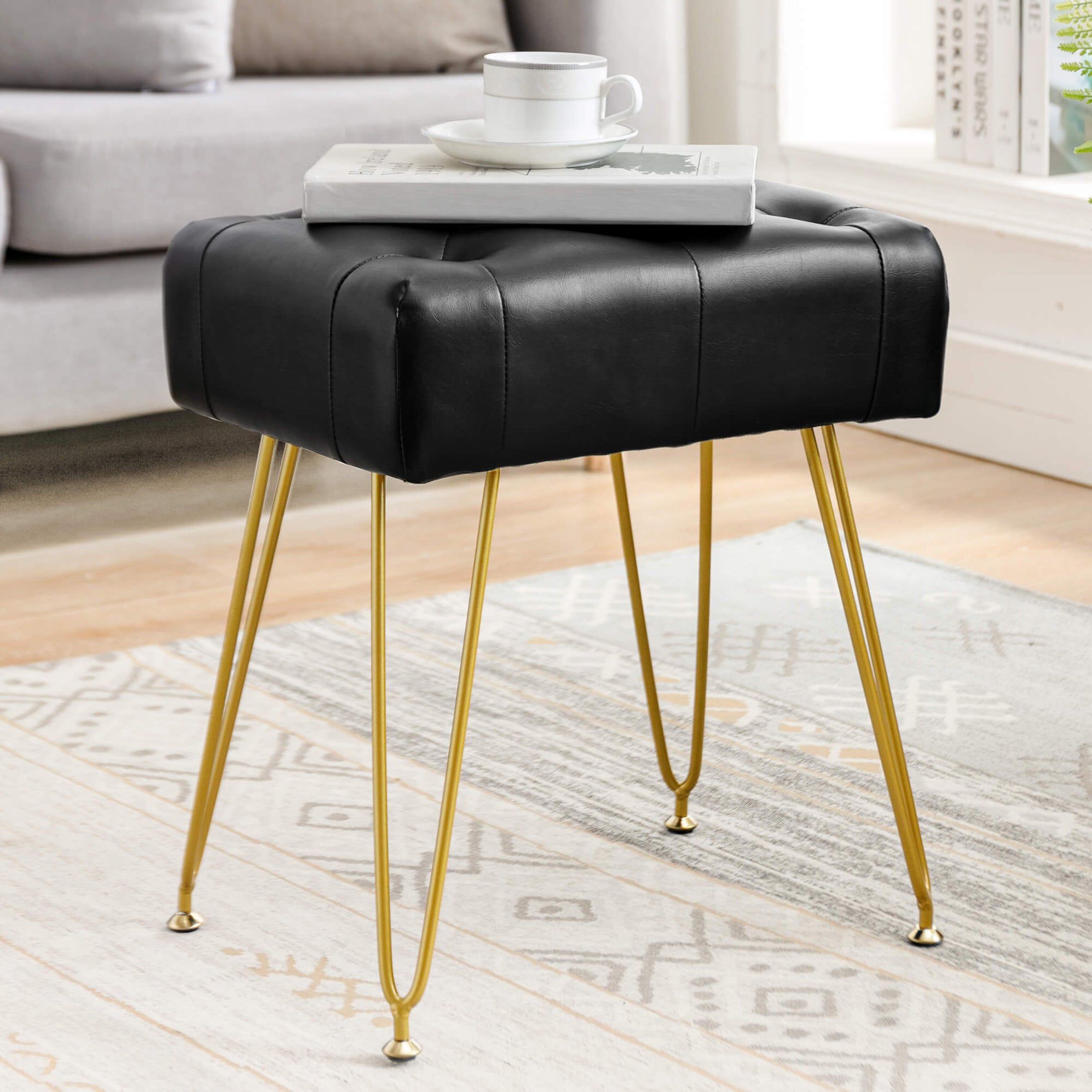 Faux Leather Rectangle Vanity Stool, Modern Vanity Chair for Makeup Room, Ottoman Foot Rest Entryway Bench for Bedroom Living Room