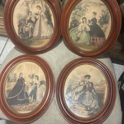 Set of 4 Vintage Hugo W. Schmidt Victorian Fashion Prints - Oval Wood Frames, original Label