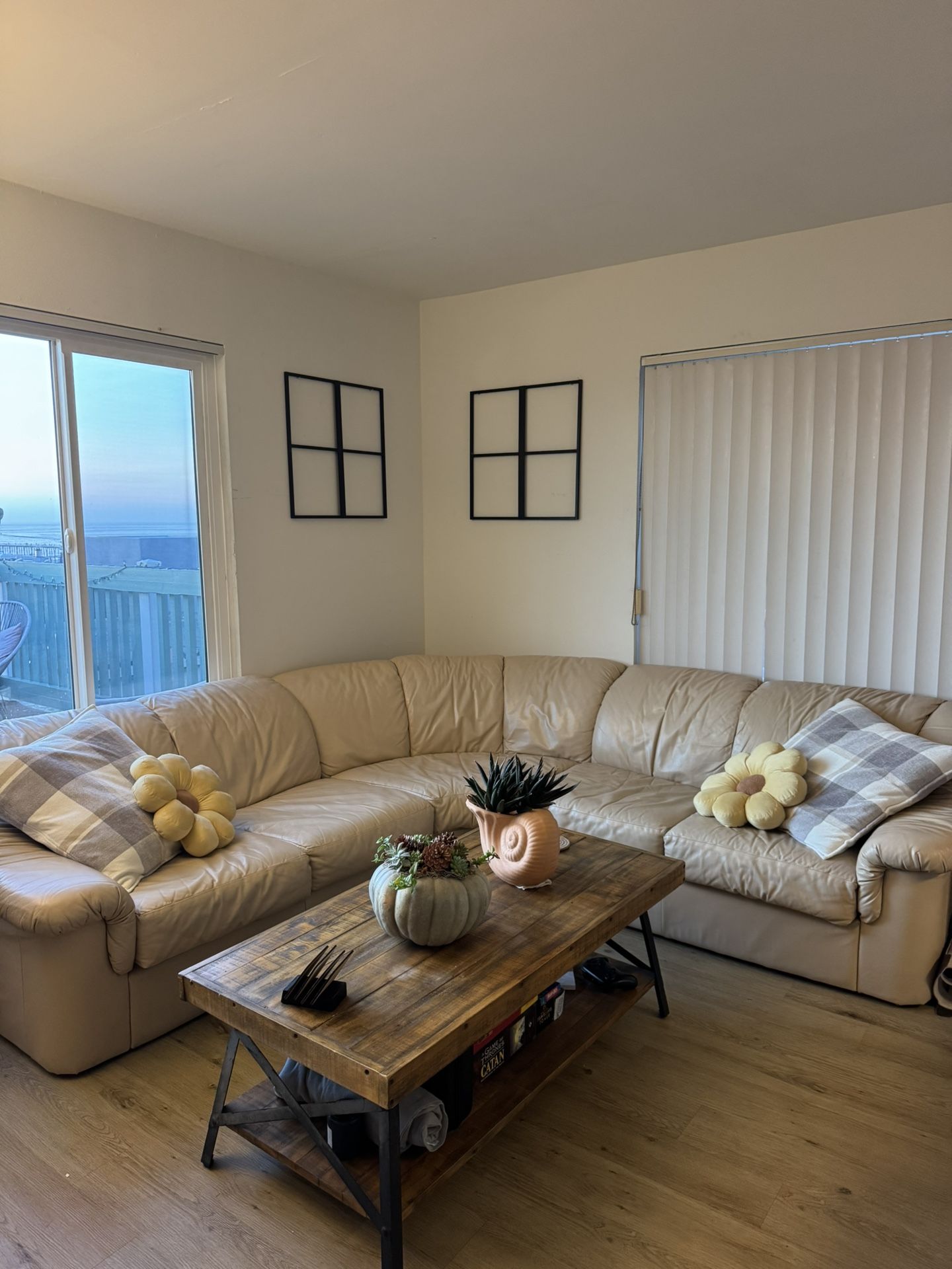 Cream/Beige Leather Sectional Couch