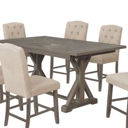 Rustic Counter height Dining Table With 6 Beige Chairs