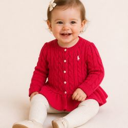 Ralph Lauren Baby Girl Cable Knit Cardigan 12M Red Peplum Sweater 
