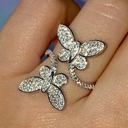 Italy 925 Sterling Silver 14K White Gold 5X Layered , Women’s Iced Out Butterfly 🦋 Ring, CZ Diamond, Sizes 6-9 US, Life Time Warranty