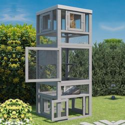 Cat Catio Outdoor Cat Enclosure, 3 Tiers Cat Tree House w/ Platform, Resting Box & 8 Removable Door can Connect w/ Cats Tunnel, DIY Wood Cats Cage, NE