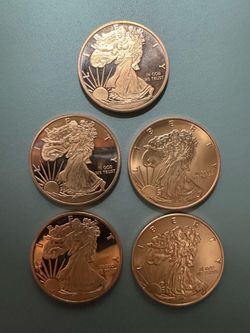 Lot of 5 – 1 oz .999 Fine Copper Walking Liberty Bullion Rounds (5 Troy Ounces Total)