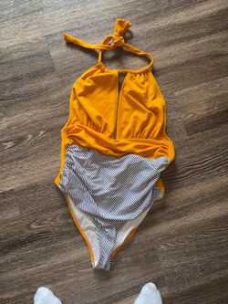 Large Cupshe Mustard Yellow Halter One-Piece Swimsuit with Black & White Stripe