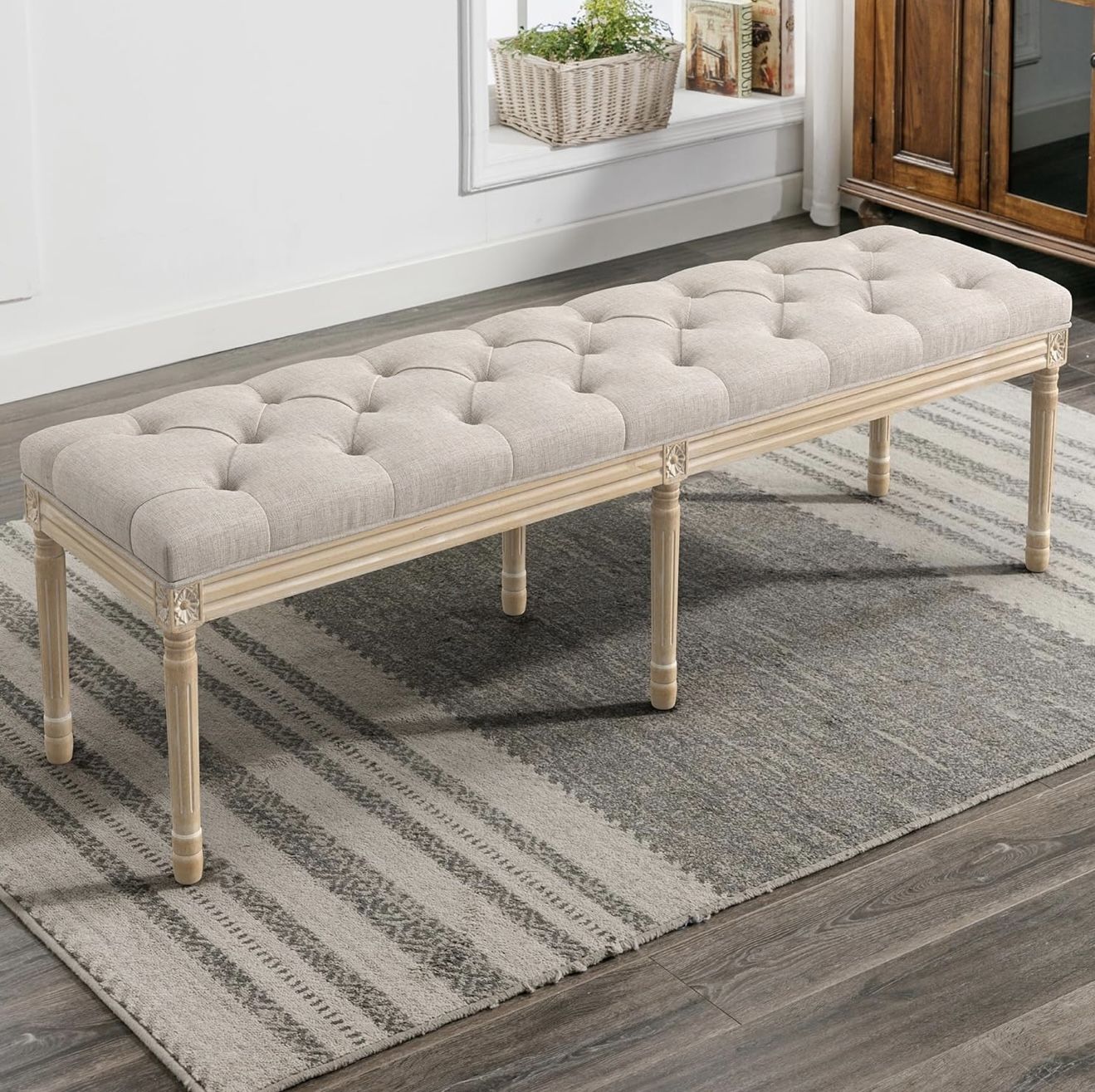 60" Fabric End of Bed Bench, Upholstered Tufted French Bedroom Bench with Carved Legs for Bedroom End of King Size Bed, Living Room, Linen