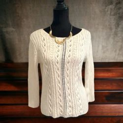 Jones New York Country Cream White Open Cable Knit Sweater Women's Small Casual
