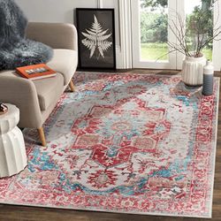 Vernal Machine Washable Anti Slip Pet Friendly High Traffic Non-Shedding Eco Friendly Iris Medallion Area Rug, 5'x7' (152x213cm), Rust & Blue