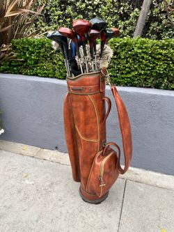 Vintage Leather Golf Bag with clubs