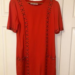 Trina Turk Red, Gold Pyramid Studded Shift Dress Sz 10