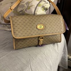 Vintage Gucci Shoulder Bag,monogram Light Brown Leather 