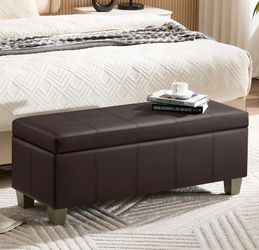 41" Faux Leather Storage Ottoman, Stitch Tufted Rectangle Upholstered End of Bed Storage Bench, Entryway Large Couch Ottoman with Wooden Legs,Brown