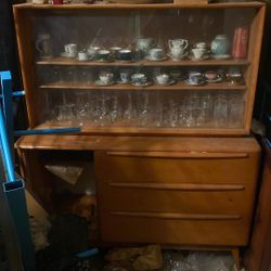 Teak China cabinet with China and crystal