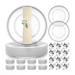 New 50 Set Clear Charger Plates Bulk 50 Clear Beaded Plastic Charger Plates 13 Inch, 50 Napkin Rings, Acrylic Round Dinner Charger Table Decorative Pl