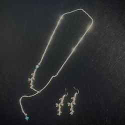 Silver Adjustable Length Chain With Turquoise Bead, Silver Flower Necklace & Earrings Set