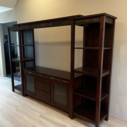 Solid Wood Entertainment Center with Slate Accents – Excellent Condition