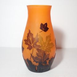 Art Glass Vase Orange With Black Leaves