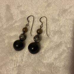 1.5” Vintage Sterling Silver Dangling Earrings With Solid Genuine Lapis Lazuli( Dark Blue,marble,& Tiger’s Eye) Stones