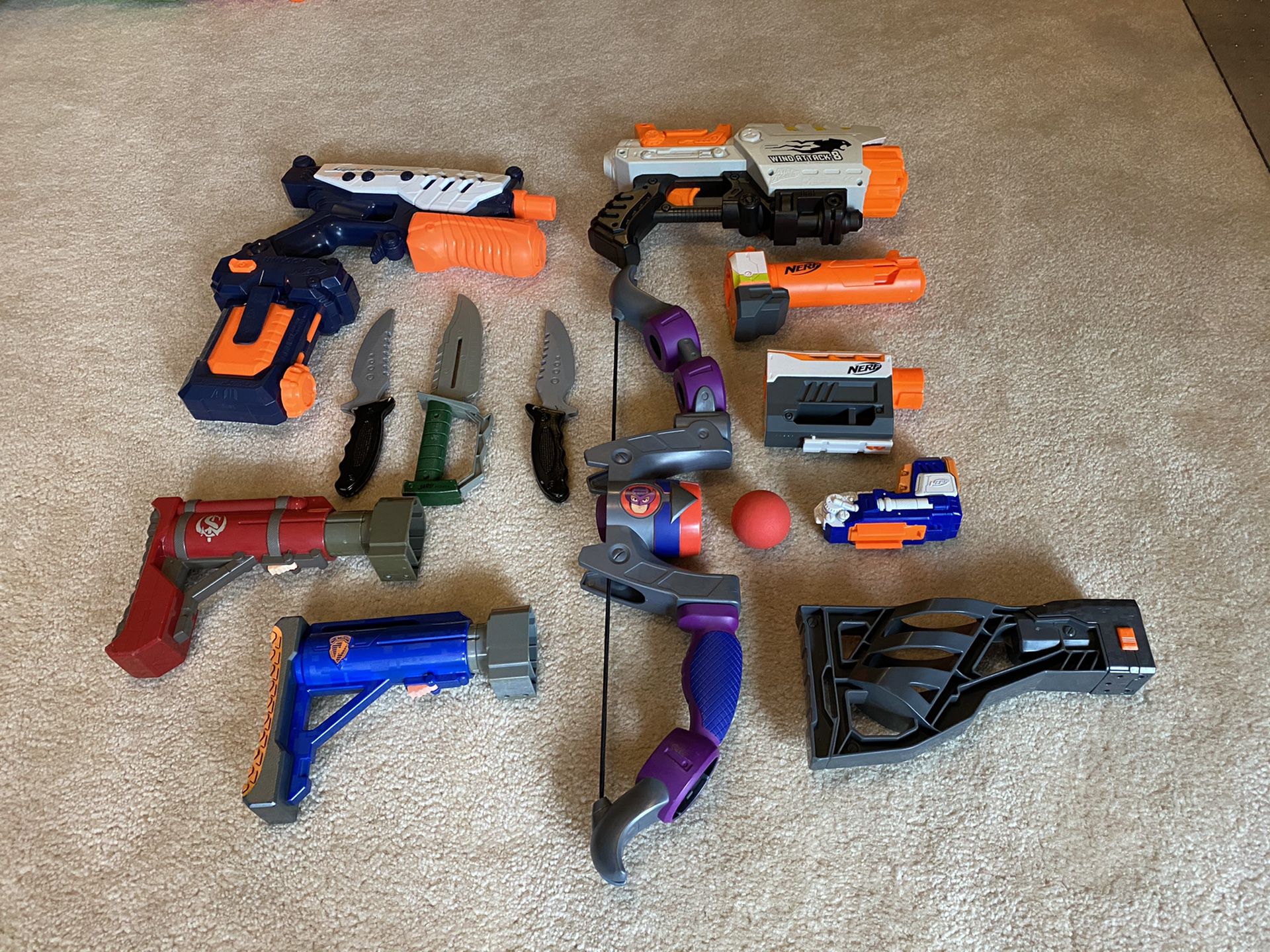 Gun Toys for Kids, 1 Bullet Gun, 1 Water Gun, 1 Ball Shooting Bow and Arrow, 3 Play Knifes, 6 Nerf Gun Accesories, $100 Value