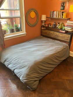 Queen Metal Bed Frame with Wood Grain Headboard