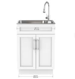 24 in. Drop-In Stainless Steel Laundry Sink with Assembled Cabinet in White with Faucet NEW
