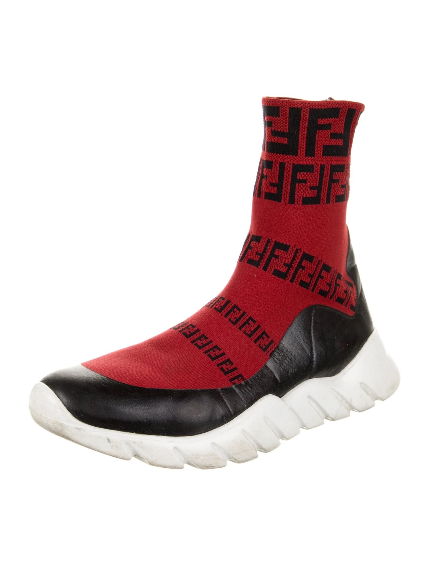 Fendi Red FF Logo Printed Sock Sneakers White And Black