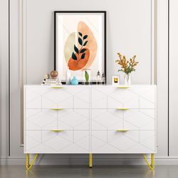 Wood Geometric Drawer Dresser with Gold Metal Handles, White & Gold