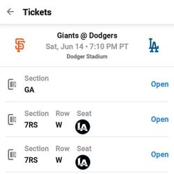 2 TICKETS Dodgers VS GIANTS - RESERVE 7 - EXTRA LEG ROOM - SAT- SHADE $100 Each 