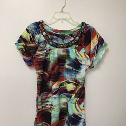 Women’s SIONI 100% polyester multicolored embellished neckline blouse… Size medium