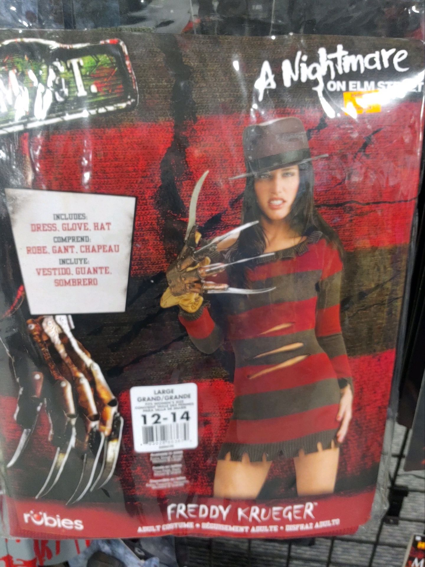 FREDDY KRUEGER HALLOWEEN DRESS, HAT, GLOVE WOMENS L 12/14