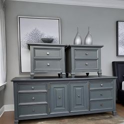 Solid Wood, 5  Piece Slate Blue Bedroom Set