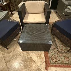 Modern Wicker Garden Furniture Set – Chair, Ottoman & Glass Table