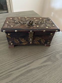 Vintage Handcrafted Persian Wood Jewelry Box – Brass Rose & Leaf Inlay – Red Velvet Interior – Bought in Iran