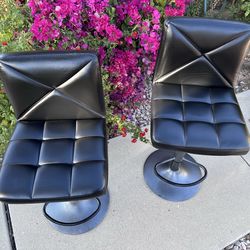 2 Black Faux Leather Swivel Bar Stools - Good Condition