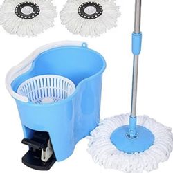 ✌️ Microfiber Spin Mop Easy Floor Mop w/Bucket w/Pedal & 2 Heads Blue