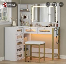 Punice White Vanity Desk Set with Lighted Mirror