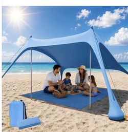 Beach Tent Sun Shelter, UPF50+ Beach Canopy with Beach Mat, 6.5x6.5FT Beach Shade Easy to Set Up, Sun Canopy with Carry Bag, Windproof Rope, for Campi