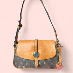 Y2K Vintage Dooney & Bourke Brown & Black Leather Rainbow Monogram Shoulder Bag Purse with Heart Charm 