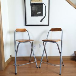 Vintage Pair of IKEA Dennis Folding Metal & Wood Bar Stools