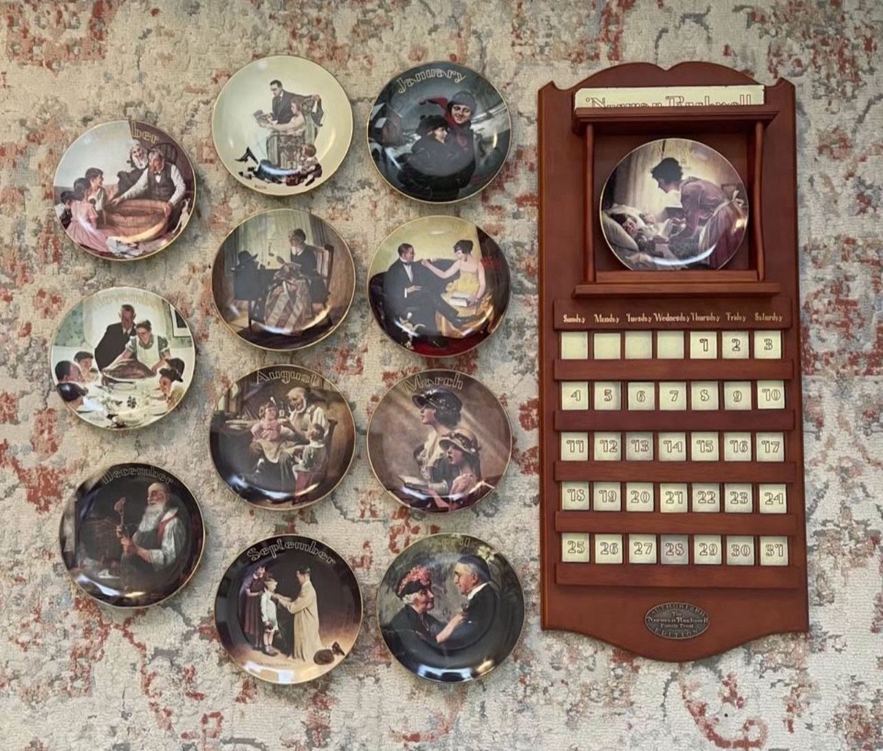 RARE Norman Rockwell American Mid-Century Porcelain Plate and Tile Wooden Wall Calendar   