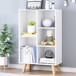Wooden Open Shelf Bookcase - 3-Tier Floor Standing Display Cabinet Rack with Legs, 5 Cubes Bookshelf, Warm White