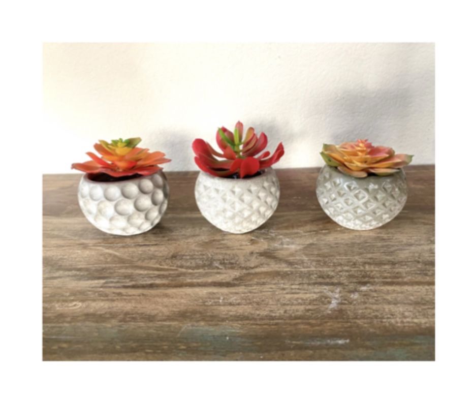 3x new handmade mini cement succulent planters with faux succulents.