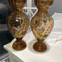 Pair Of Amber Hand Painted Glass Vases
