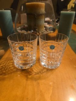set of vintage Tiffany & Co. Plaid Double Old Fashioned Crystal Glasses.