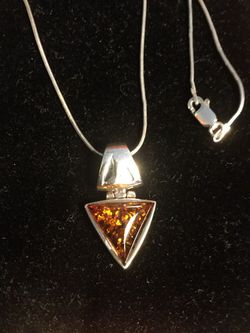 Classy Silver necklace with triangular cut Amber gemstone pendant. / Sterling Silver jewelry 925 stamped